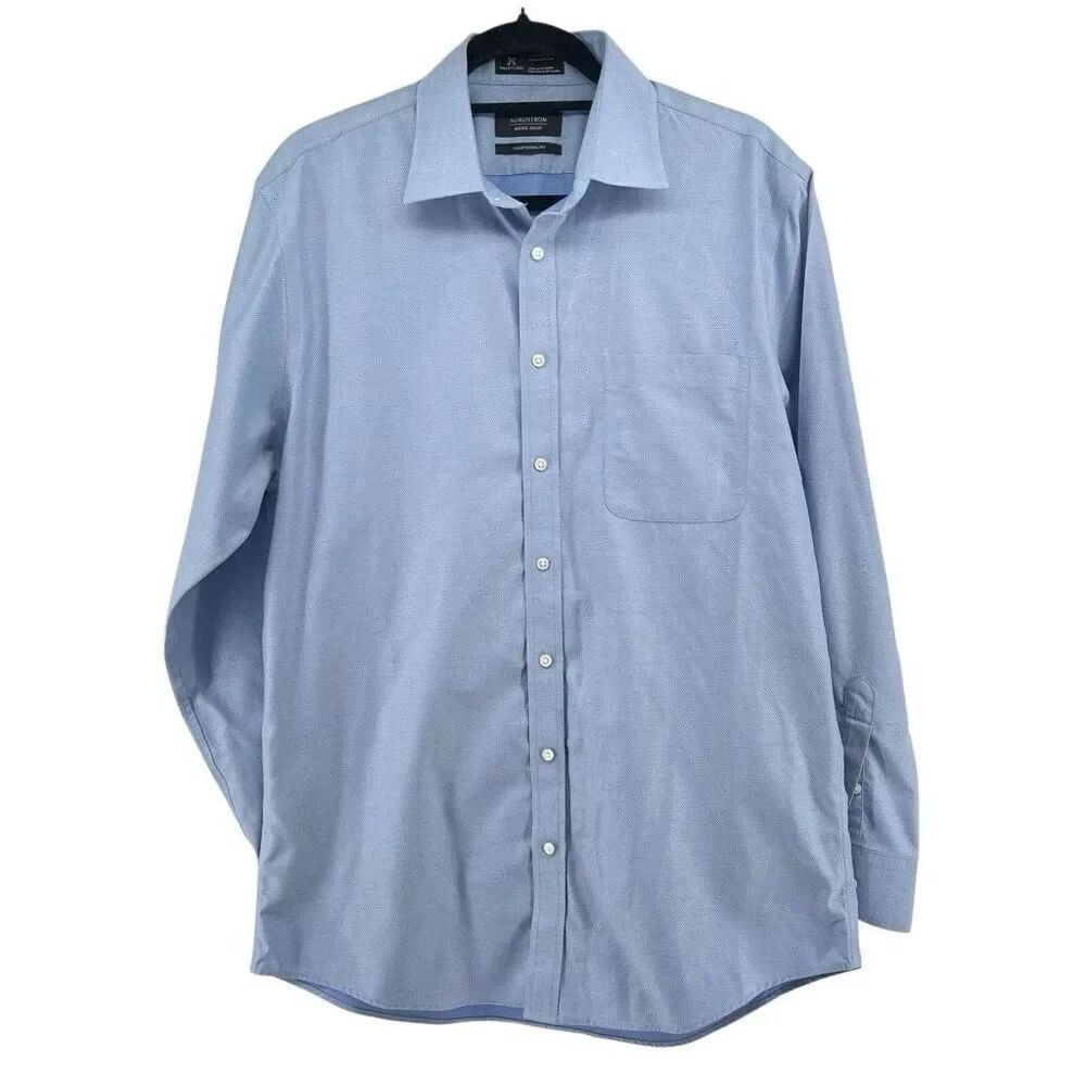 Nordstrom Men’s Shop SmartCare Blue Cotton Dress Shirt Wrinkle-Free 46” Chest
